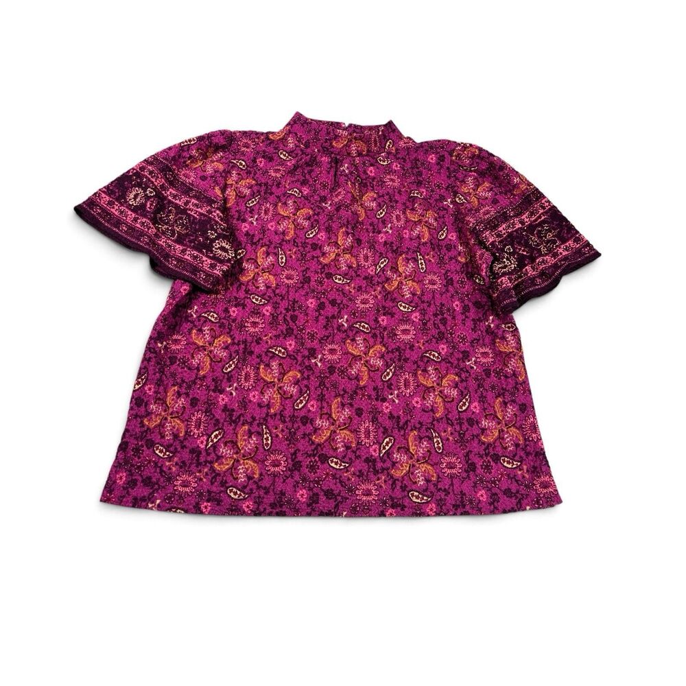 LOFT Textured Blouse Pink Floral Flared Short Sleeve Loose Fit Mock Neck Shirt M
